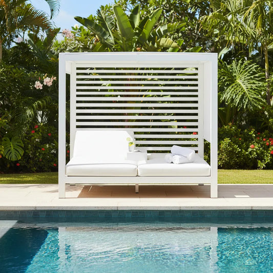 Sun Republic Hamilton Outdoor Double Daybed Cabana in Pearl White poolside in a outdoor setting