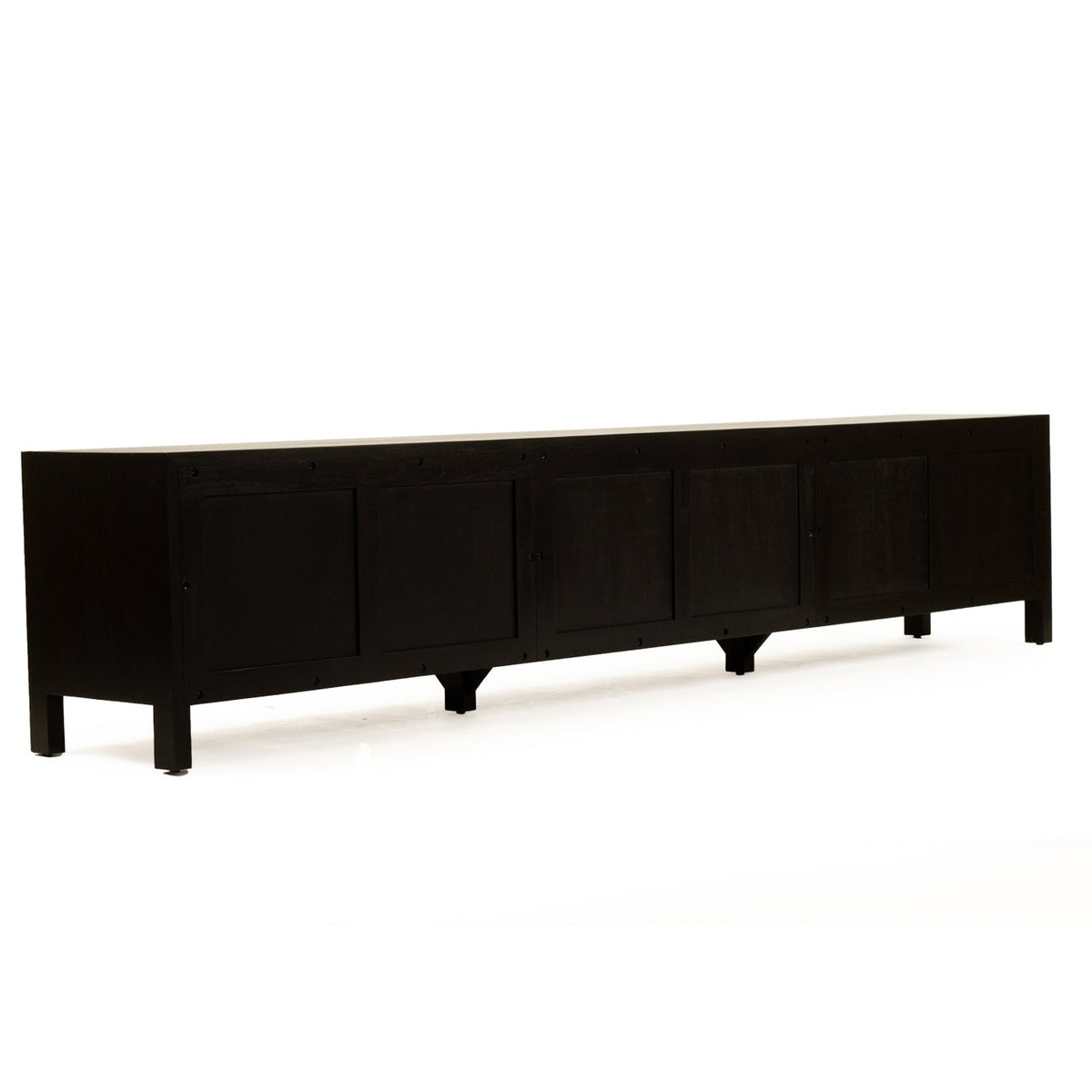 A long, low black wooden sideboard or credenza with four front doors, shown on a plain white studio background.