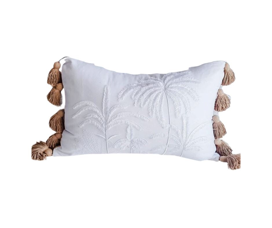 Kaimana Palm Cushion with Latte Chunky Tassels Sun Republic 