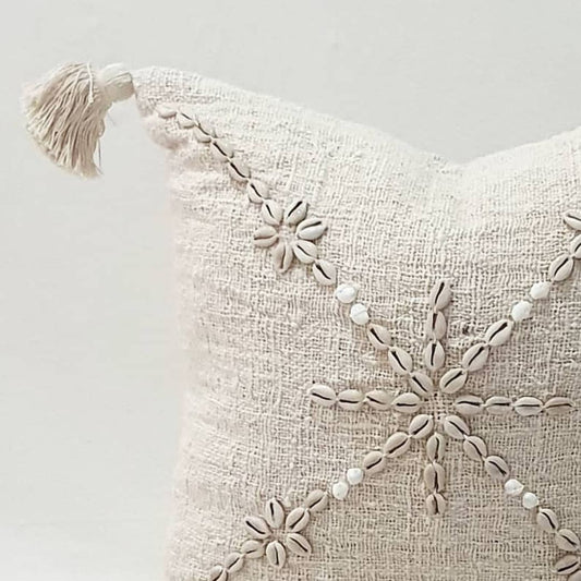 Kaira White Shell Embellished Cushion Sun Republic