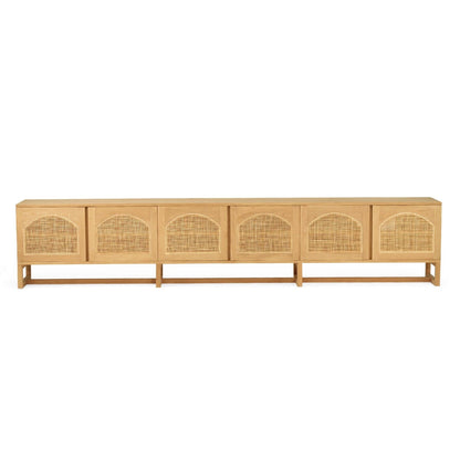Wooden entertainment unit with rattan doors on a white background