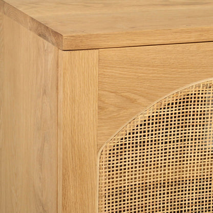 Wooden cabinet with woven design on a light wood background