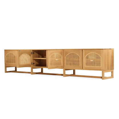Wooden entertainment unit with rattan doors on a white background