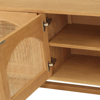 Wooden cabinet with open door revealing shelves inside