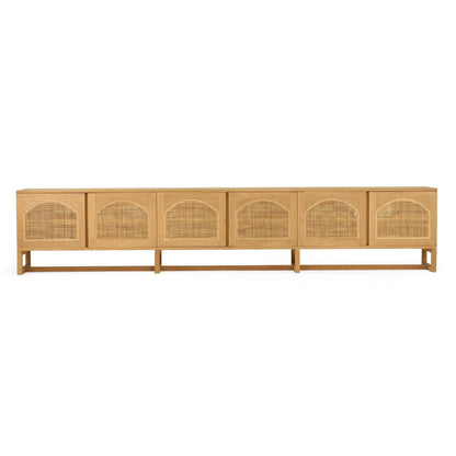 Wooden entertainment unit with rattan doors on a white background