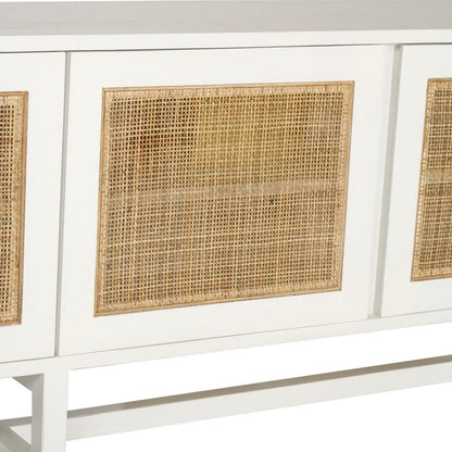 White cabinet with three rattan-framed doors on a white background