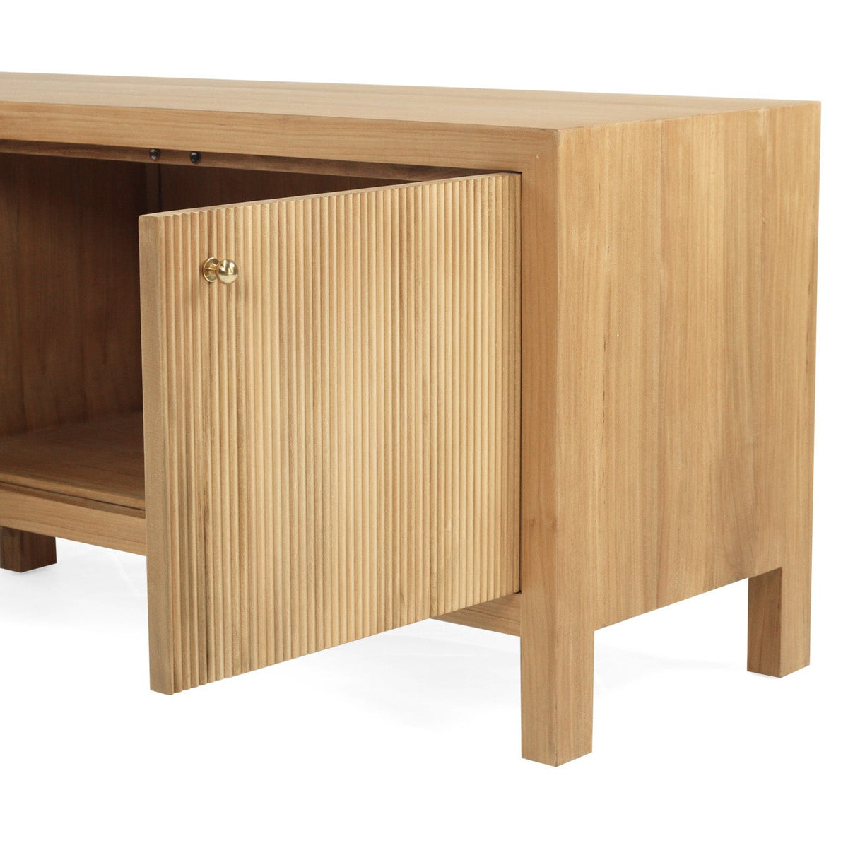 A modern light teak wood entertainment unit with four cabinet doors and tapered legs, shown against a plain white background.