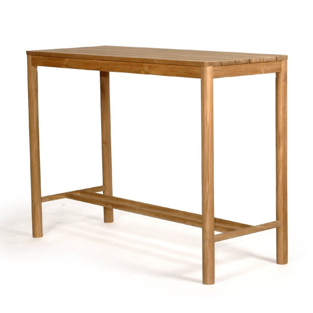 A rectangular wooden bar table with a slatted top and four legs, featuring a lower support rail, shown on a plain white background.