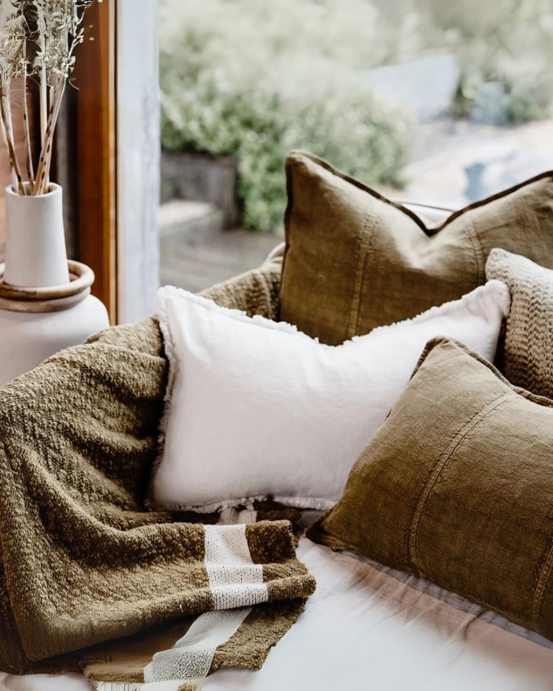 Luca Linen Cushion Olive with Feather Insert - European Linen Pillow Square & Lumbar Eadie Lifestyle 