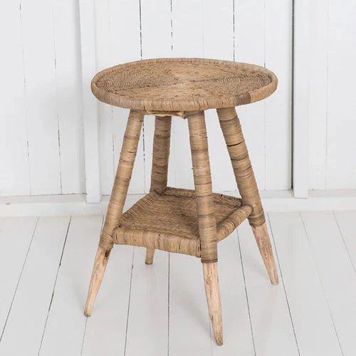 Malawi Cane Traditional Round Side Table | Handwoven Coastal Drift 