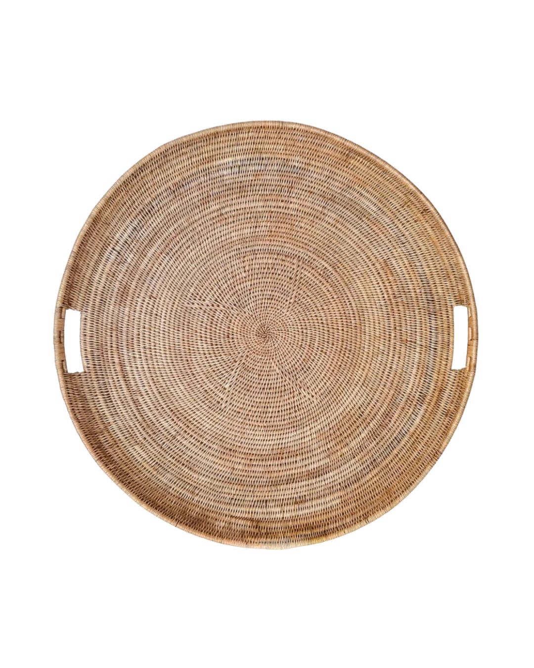 Round woven tray with handles on a white background