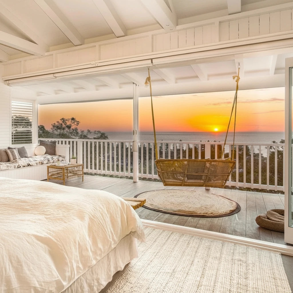 Cozy bedroom with a view of a sunset over water