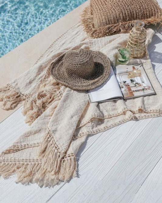Mila Hand Loomed Throw Blanket Natural Beige - Artisan Cotton Throw 130x180cm Sun Republic 