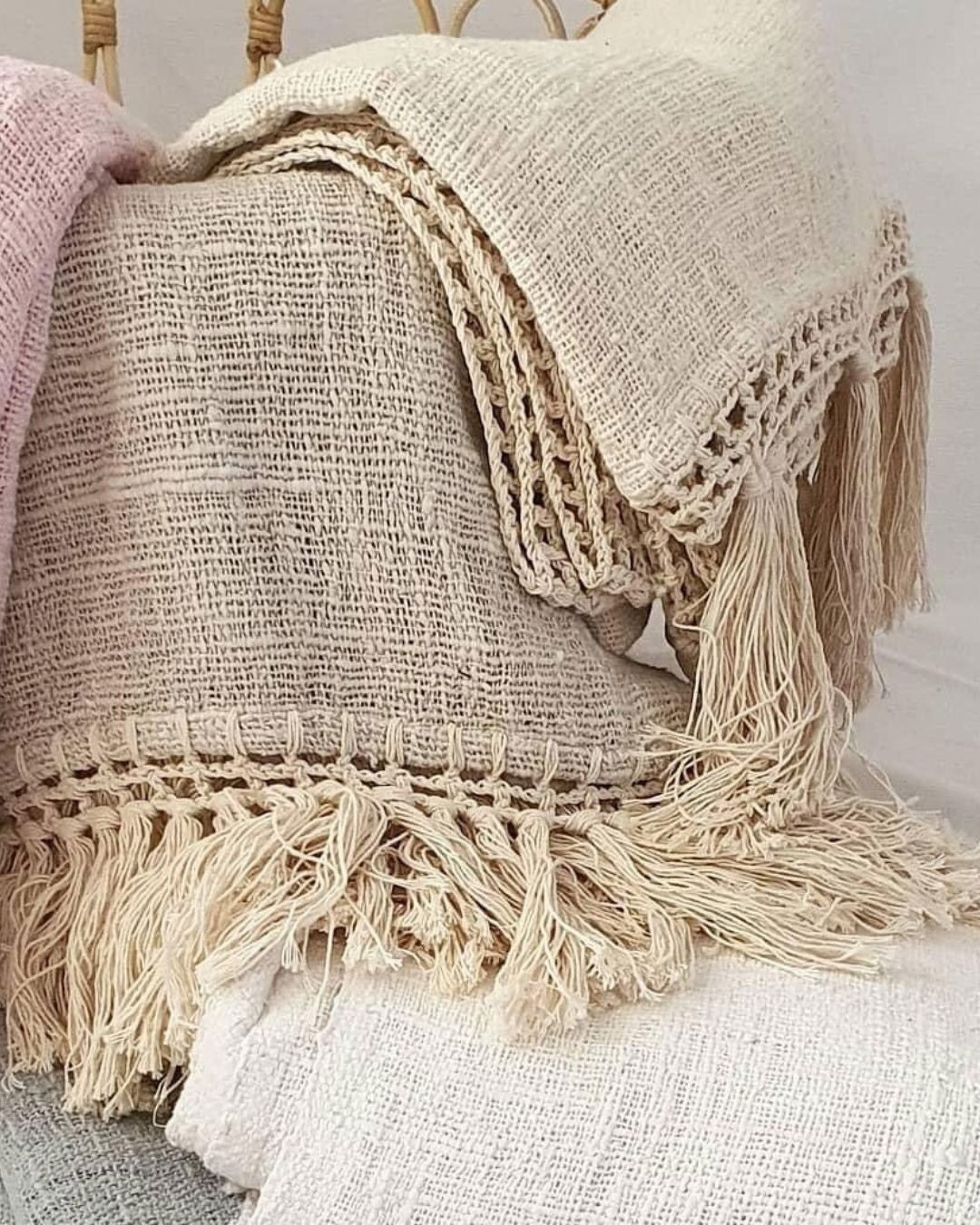 Mila Hand Loomed Throw Blanket Natural Beige - Artisan Cotton Throw 130x180cm Sun Republic 