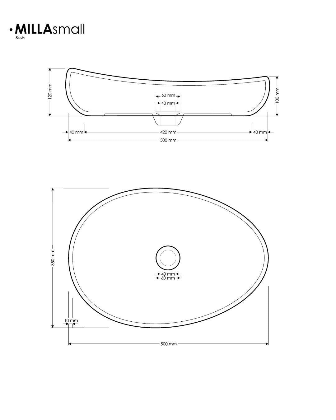 Technical drawing of an oval sink with dimensions labeled, featuring the brand 'MILLA'.