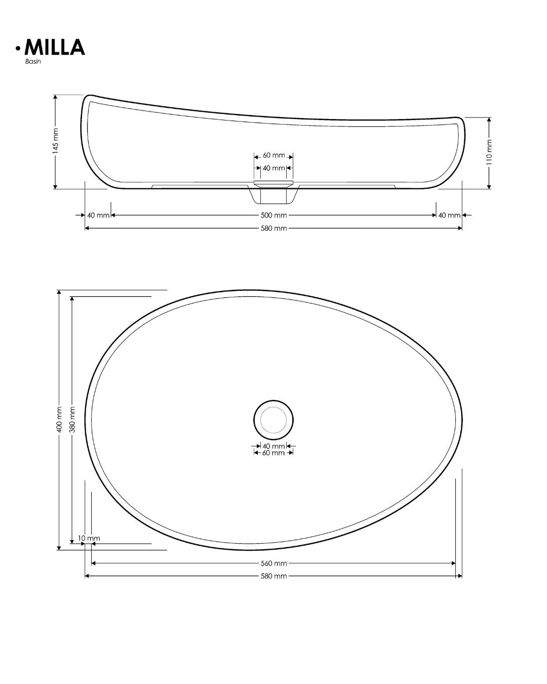 Technical drawing of a Milla sink with dimensions on a white background