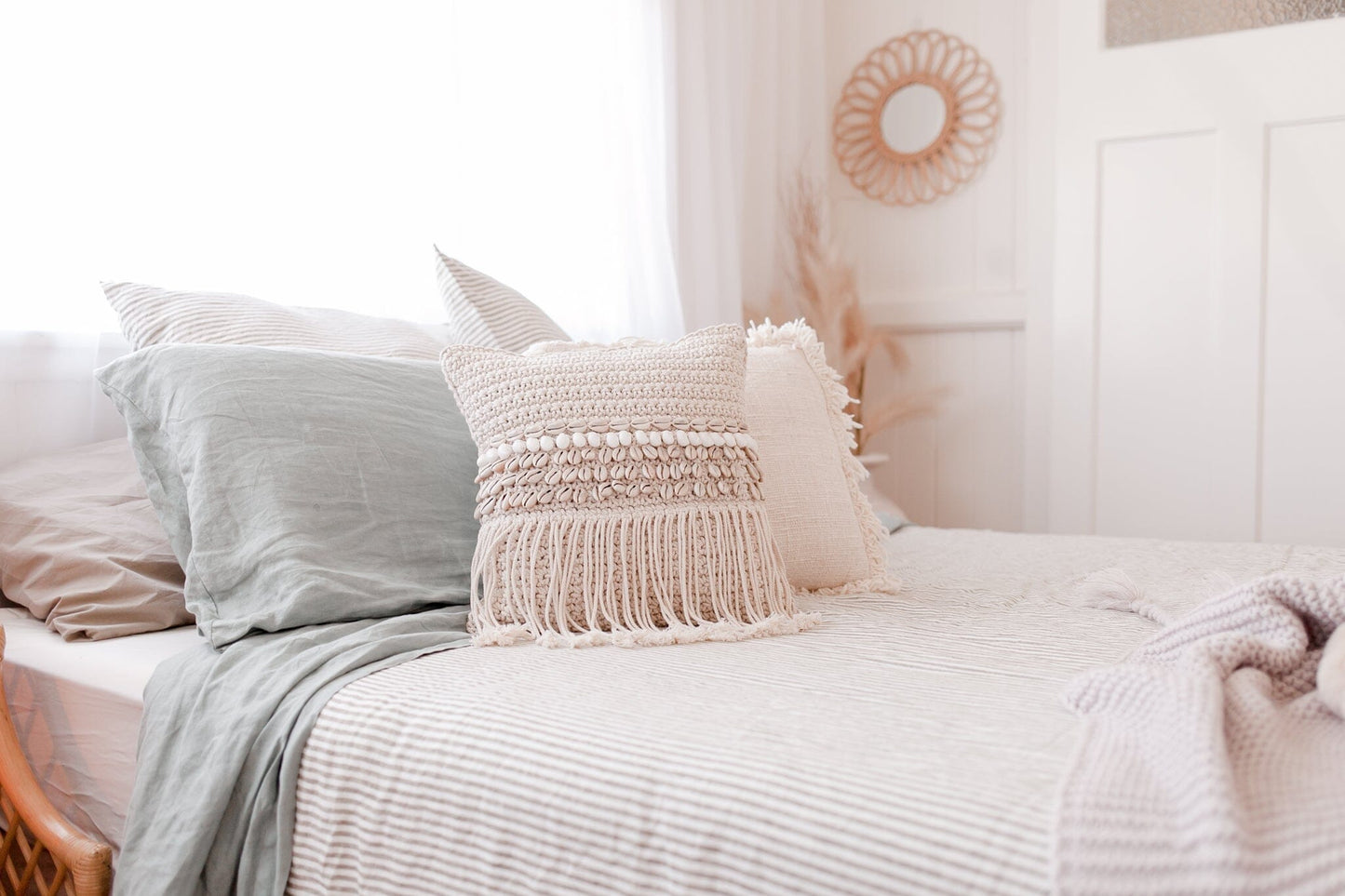 Myla Macramé Shell Embellished Cushion Cover 45cm - Handloomed Cotton with Shell Accents & Fringe