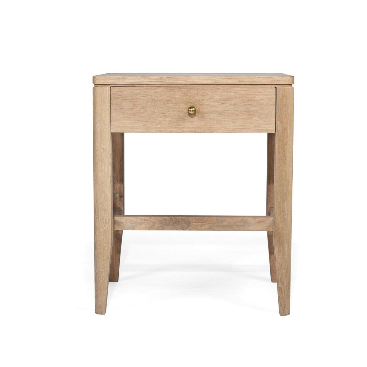 A light natural oak wood nightstand with a single drawer, a small brass pull handle, and open legs, shown against a plain white background.