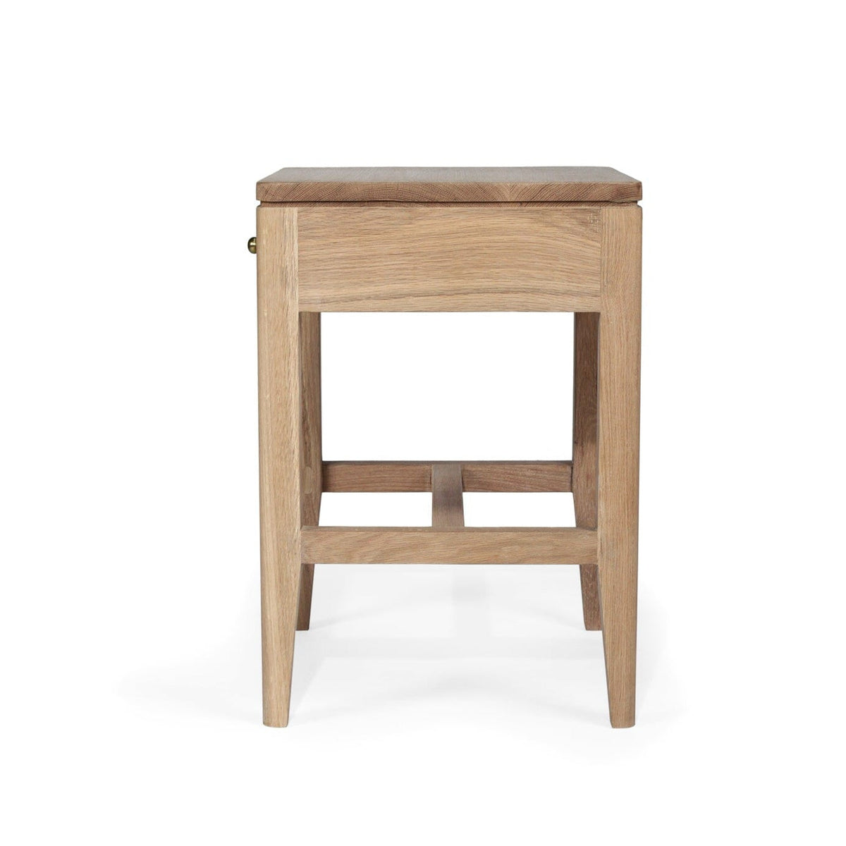 A light oak wood stool with a square seat, a single drawer, and a central open leg space, shown from the front on a white background.