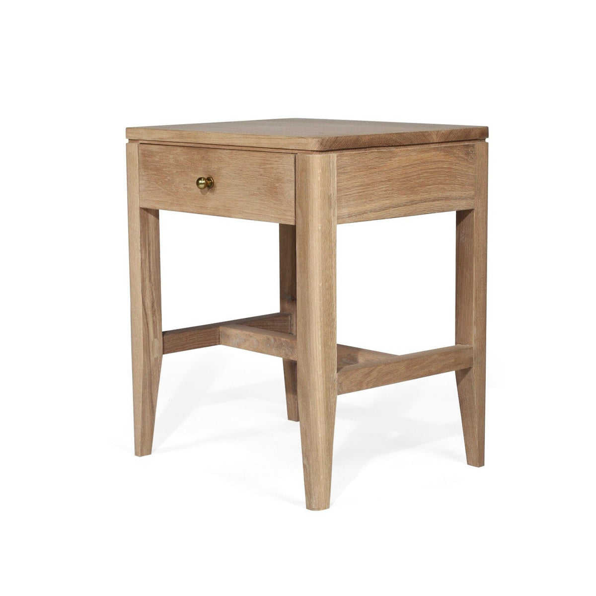 A light oak wood end table with a single drawer, a small brass knob, and an open stretcher base, shown on a white background.