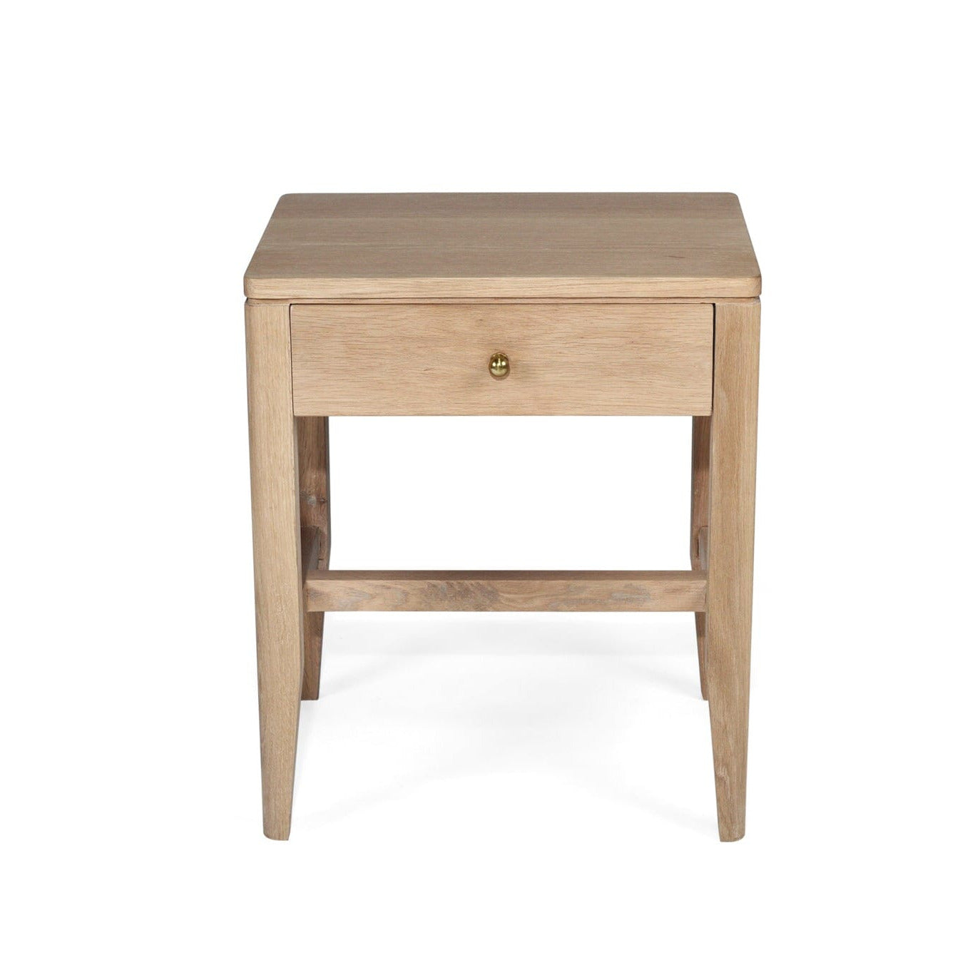A light oak wood side table with a single drawer, a small brass knob, and an open lower shelf, shown against a plain white background.
