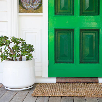 Green door with a white planter and jute mat on a wooden floor
