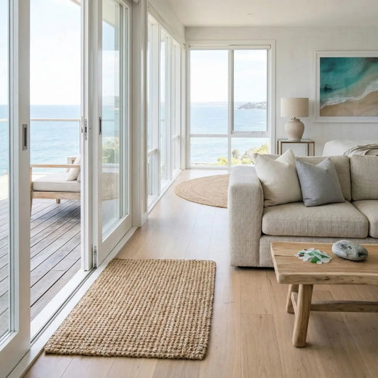 Modern living room featuring Sun Republic Natural Jute Floor Mat, with a view of the ocean through large windows.