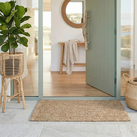 Modern exterior front door with a plant, natural jute rug.