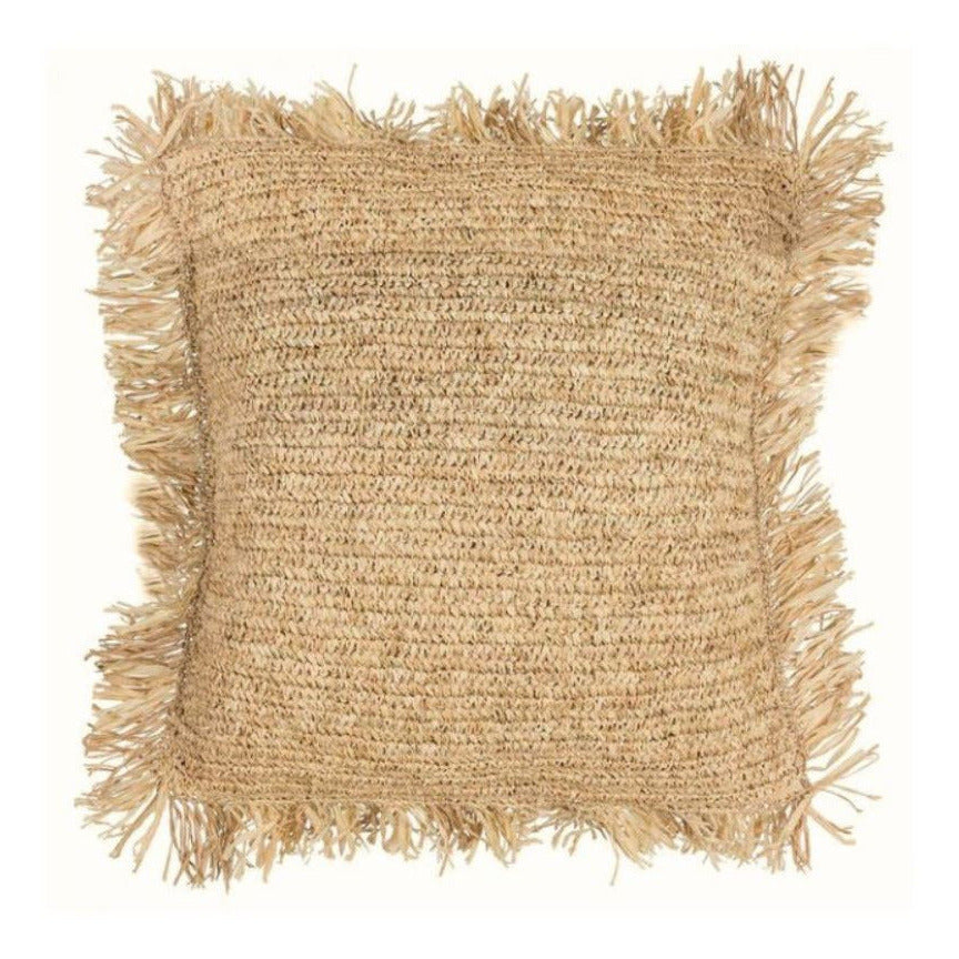 A square woven jute throw pillow with fringed edges, shown against a plain white background.