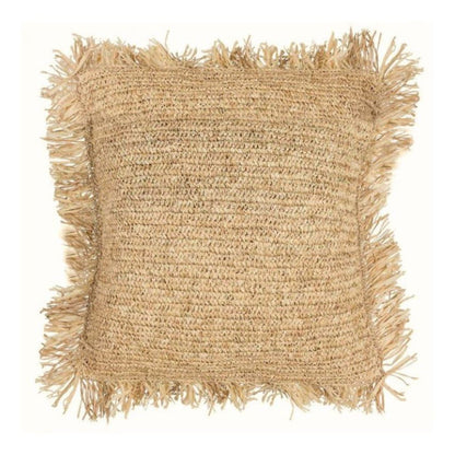 A square woven jute throw pillow with fringed edges, shown against a plain white background.