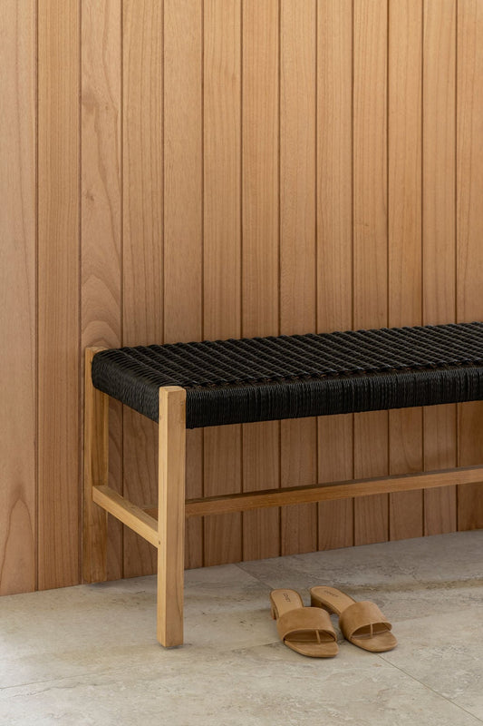 Natural Teak Coastal Style Woven Bench Seat - Black Sun Republic 