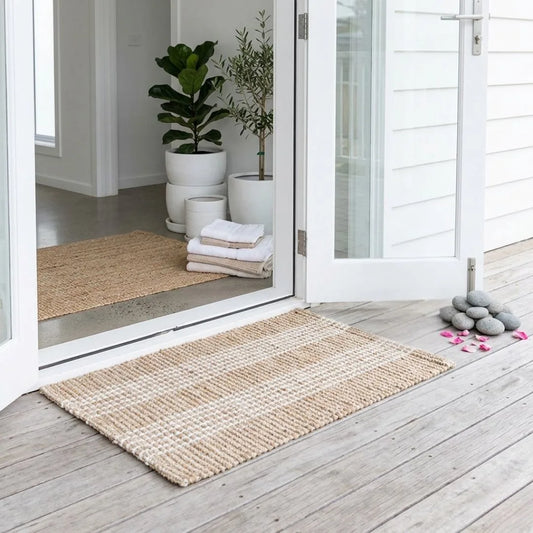 Natural woven mat on a wooden deck with plants and stones in the background