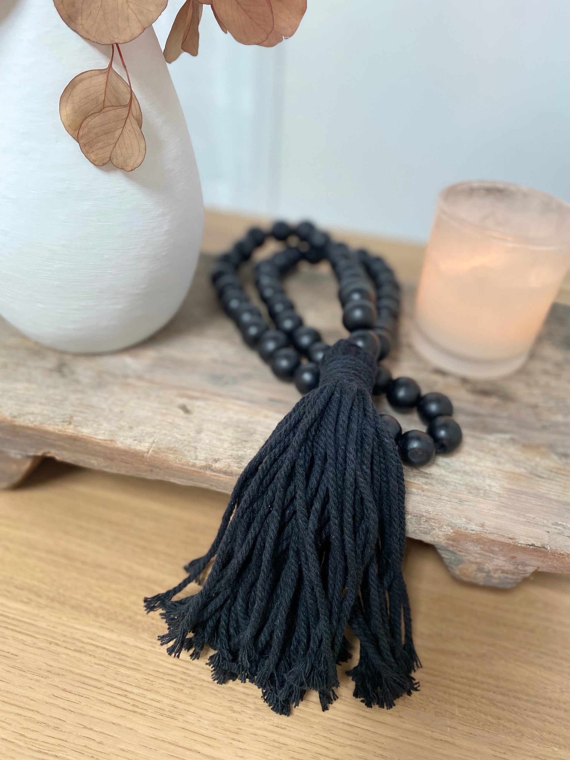 Natural Wooden Bead Garland with Tassel - Black Sun Republic 