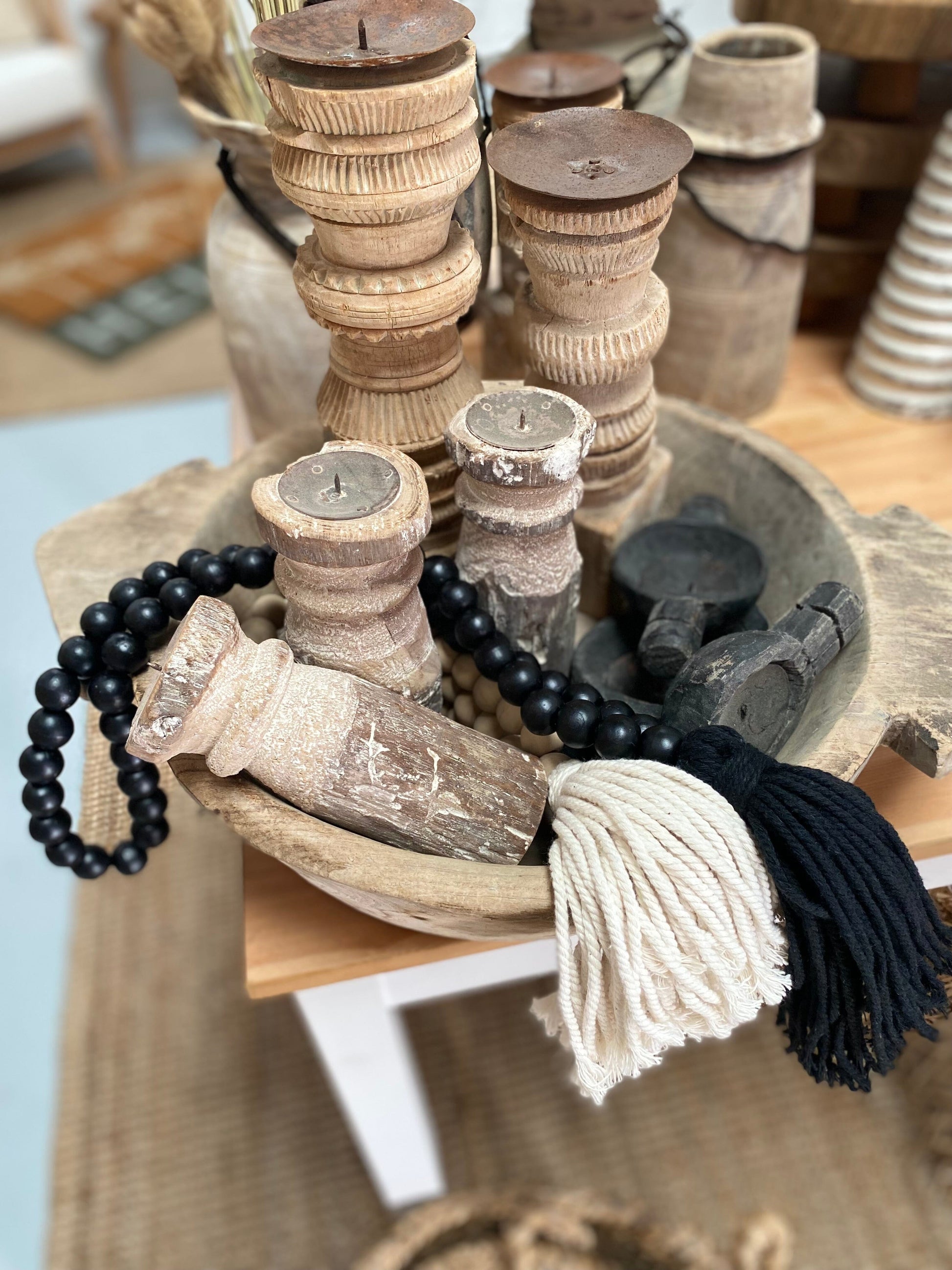 Natural Wooden Bead Garland with Tassel - Black Sun Republic 