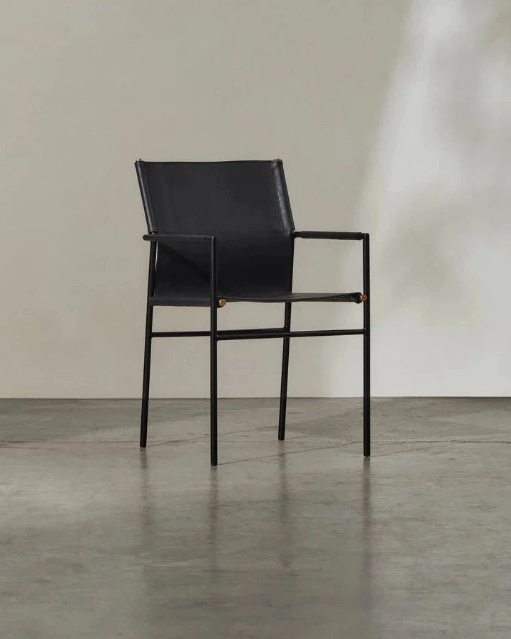 Oliver Black Leather Dining Chair - Industrial Steel Frame with Armrests Indigo Love 