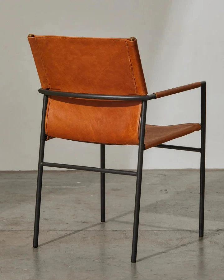Oliver Tan Leather Dining Chair - Industrial Steel Frame with Armrests Indigo Love 
