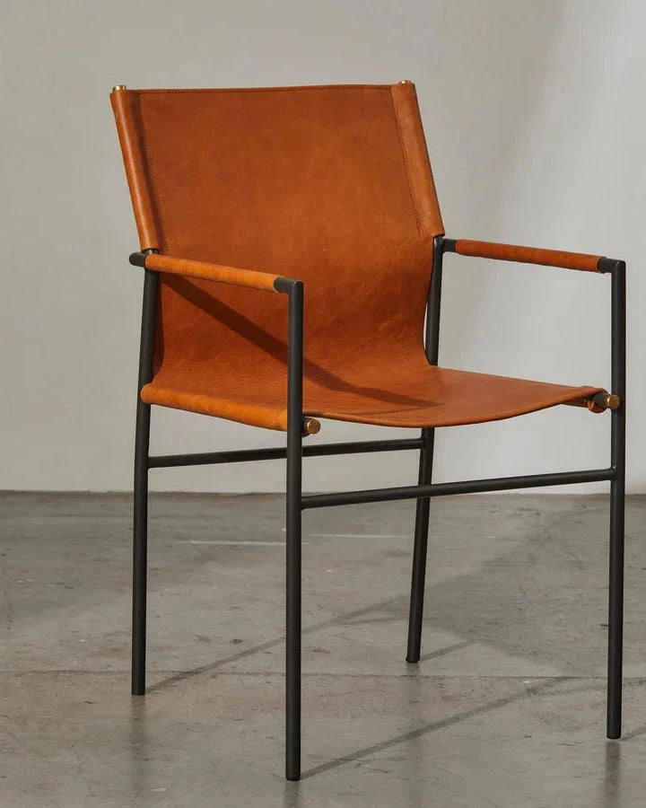 Oliver Tan Leather Dining Chair - Industrial Steel Frame with Armrests Indigo Love 