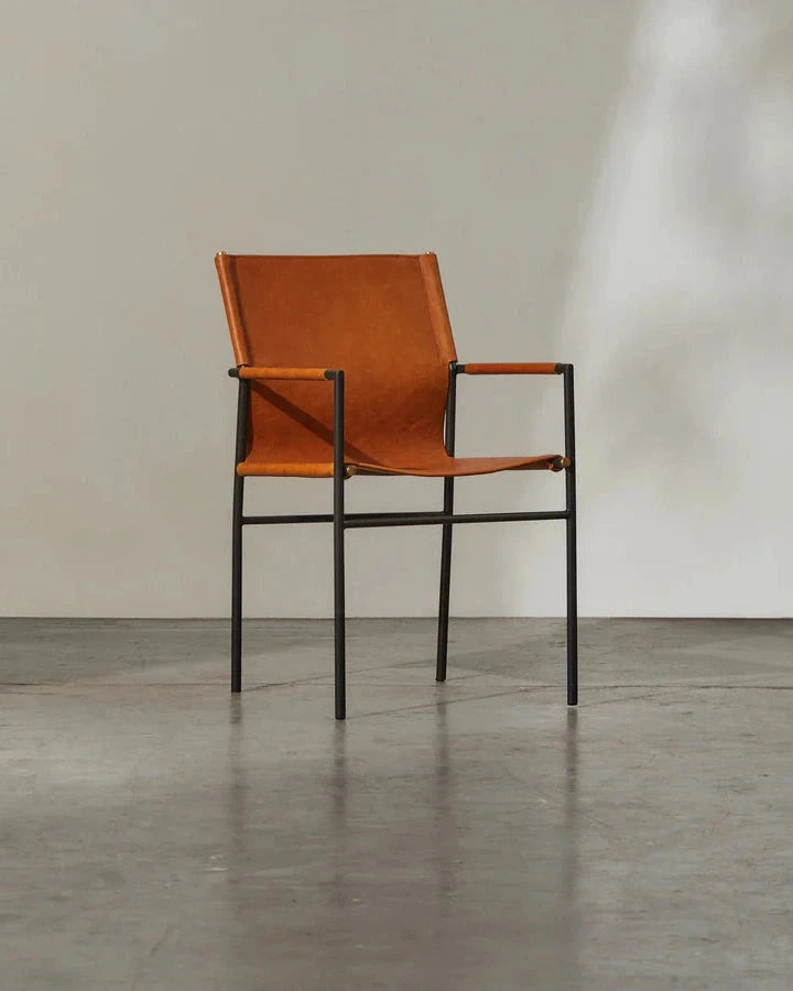 Oliver Tan Leather Dining Chair - Industrial Steel Frame with Armrests Indigo Love 