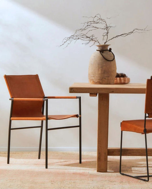 Oliver Tan Leather Dining Chair - Industrial Steel Frame with Armrests Indigo Love 