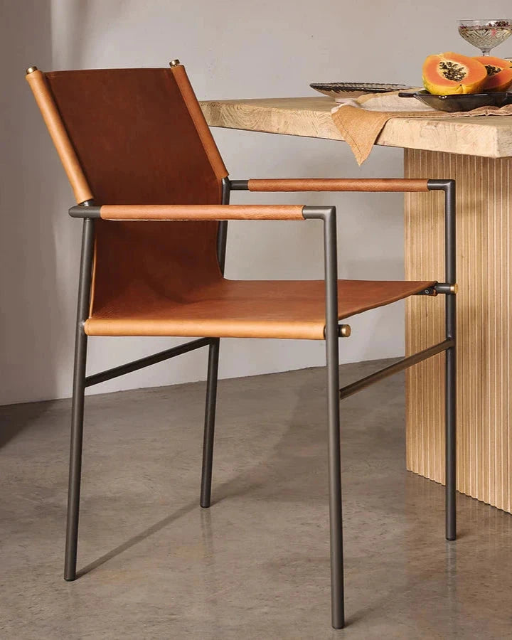 Oliver Tan Leather Dining Chair - Industrial Steel Frame with Armrests Indigo Love 