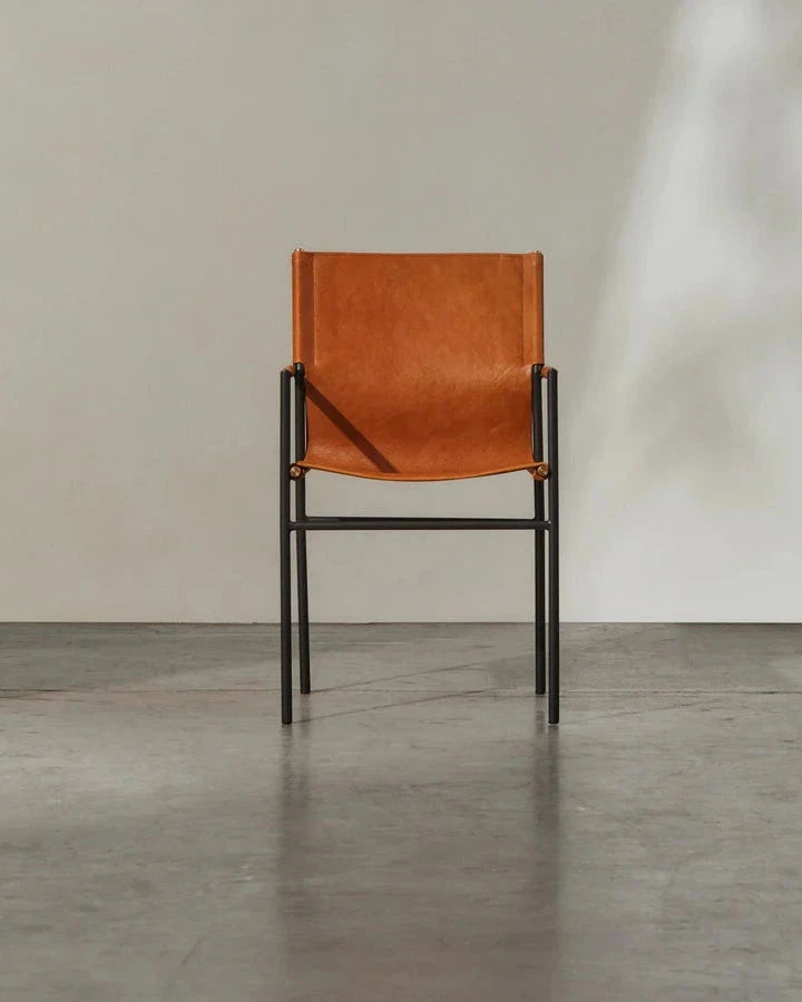 Oliver Tan Leather Dining Chair - Industrial Steel Frame with Armrests Indigo Love 