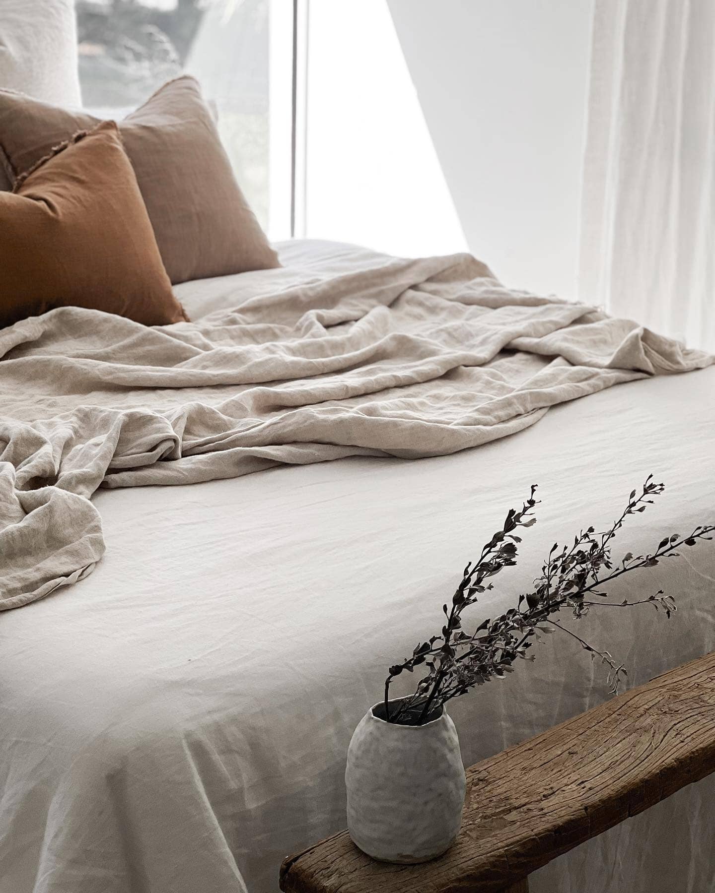 Close up detail of premium European linen texture on Omala natural throw