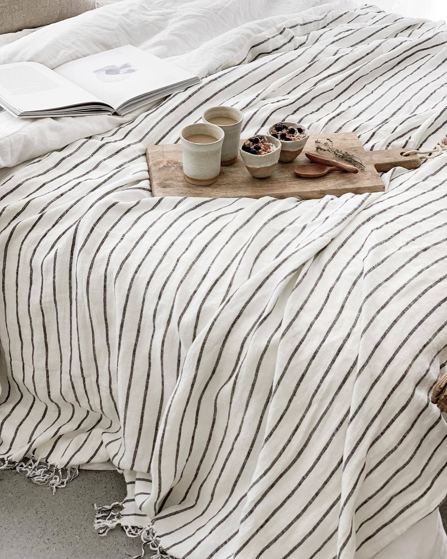 Striped blanket on a bed with a tray of coffee and books.