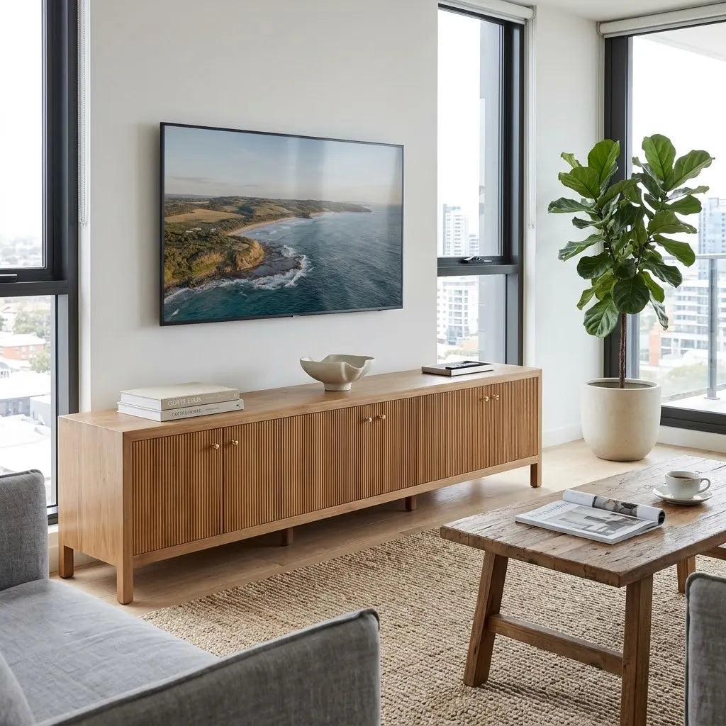 A modern light oak wood sideboard console cabinet in a bright, contemporary living room. The cabinet features vertical fluting on the doors, small round brass knobs, and a clean low profile.