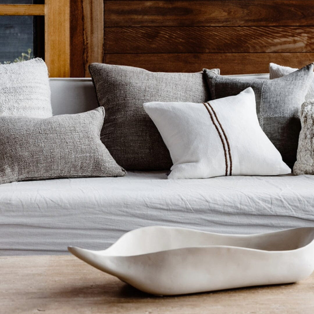 Orion Linen Cushion Off White Chocolate with Feather Insert - Handwoven Embroidered Pillow 50x50cm Sun Republic 