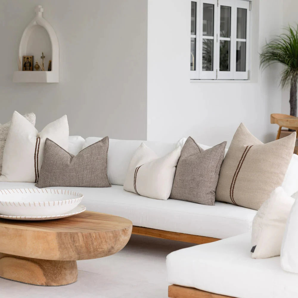 Orion Linen Cushion Off White Chocolate with Feather Insert - Handwoven Embroidered Pillow 50x50cm Sun Republic 