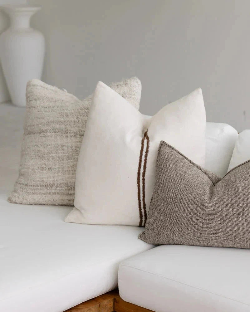 Orion Linen Cushion Off White Chocolate with Feather Insert - Handwoven Embroidered Pillow 50x50cm Sun Republic 