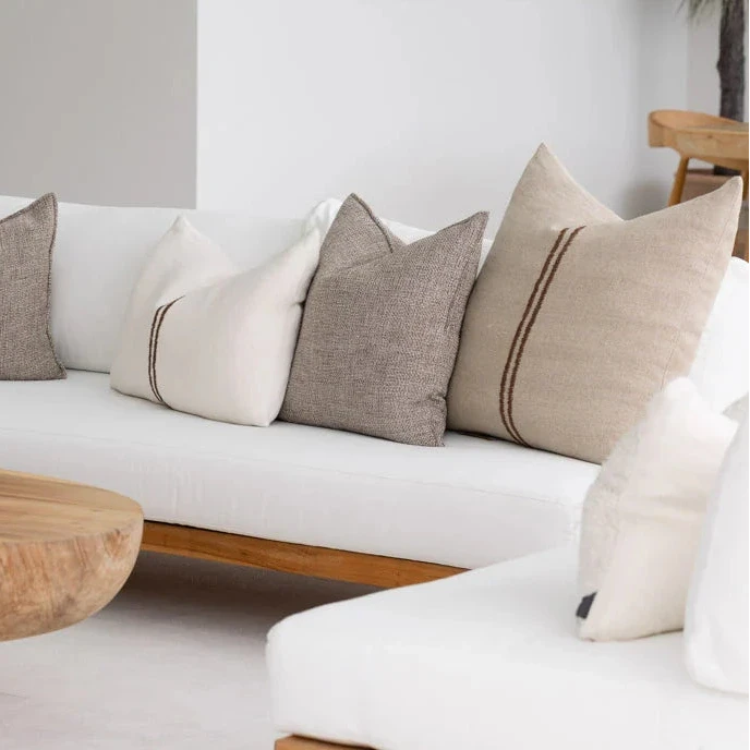 Orion Linen Cushion Off White/Chocolate with Feather Insert | Square & Lumbar Sun Republic 