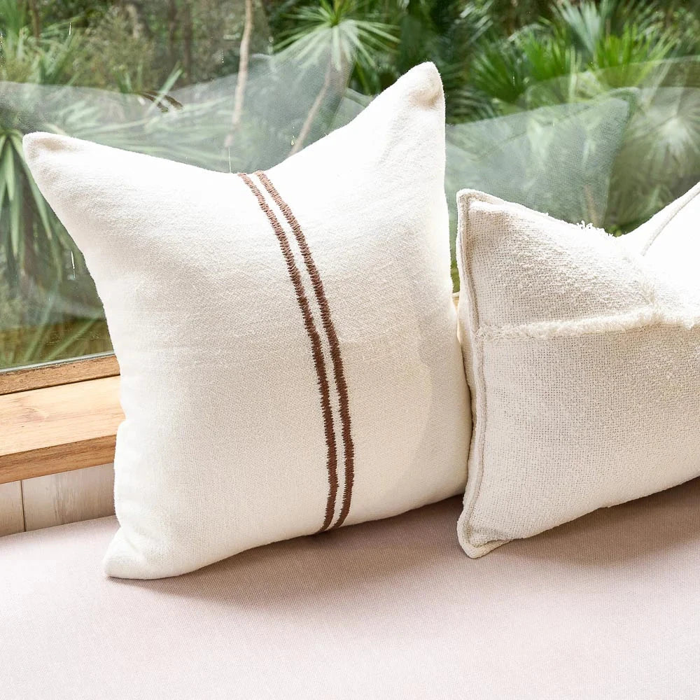 Orion Linen Cushion Off White/Chocolate with Feather Insert | Square & Lumbar Sun Republic 