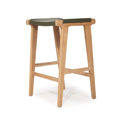Otis Leather & Teak Saddle Counter Stool - Olive Sun Republic 